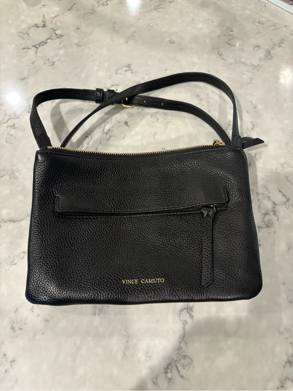 Vince Camuto Black Pebbled Leather Crossbody with Gold‎ Logo